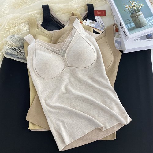 古妃秋冬磨绒提拉保暖背心女带胸垫拼接网纱打底外穿内搭上衣文胸