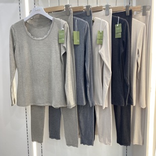 秋冬蕾丝拼接竖条磨毛女士圆领保暖套装单穿打底修身弹力秋衣秋裤