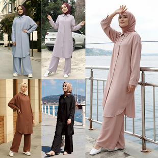 套装 中长款 衬衫 M365 宽松休闲两件套装 时尚 阔腿裤 中东土耳其新款