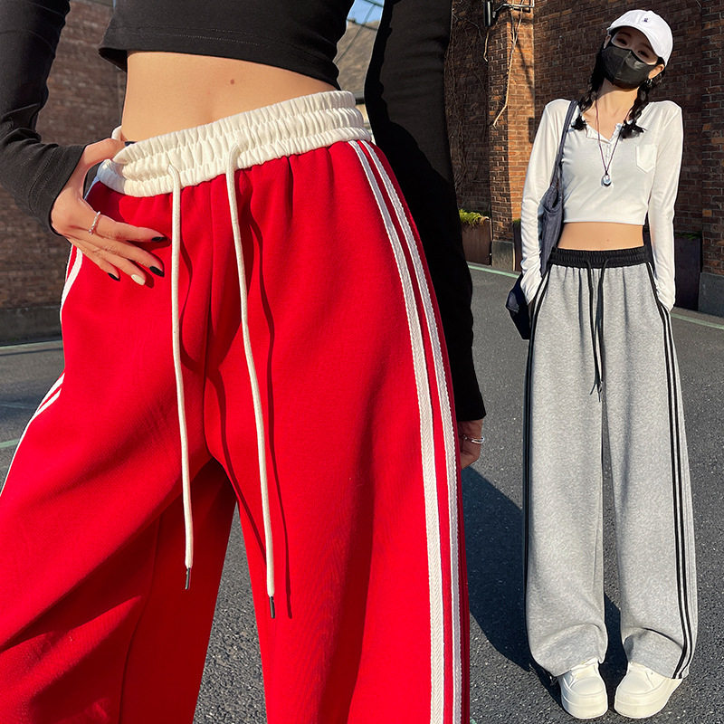 泽yp美式弯刀裤女春款撞色高腰宽松侧条纹休闲长裤慵懒风显瘦阔腿,女装/女士精品,休闲裤,淘宝优惠券,粉丝福利购,淘宝优惠卷