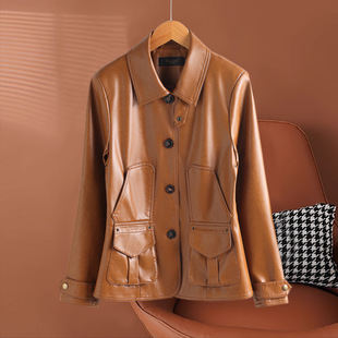 泽yp新款海宁真皮衣女春装短款时尚方领绵羊皮休闲设计上衣外套潮