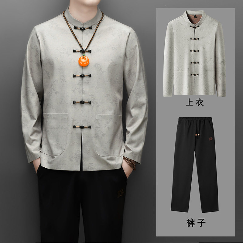 泽yp中式男装休闲套装春秋款长袖复古衬衫搭配长裤立领唐装时尚两