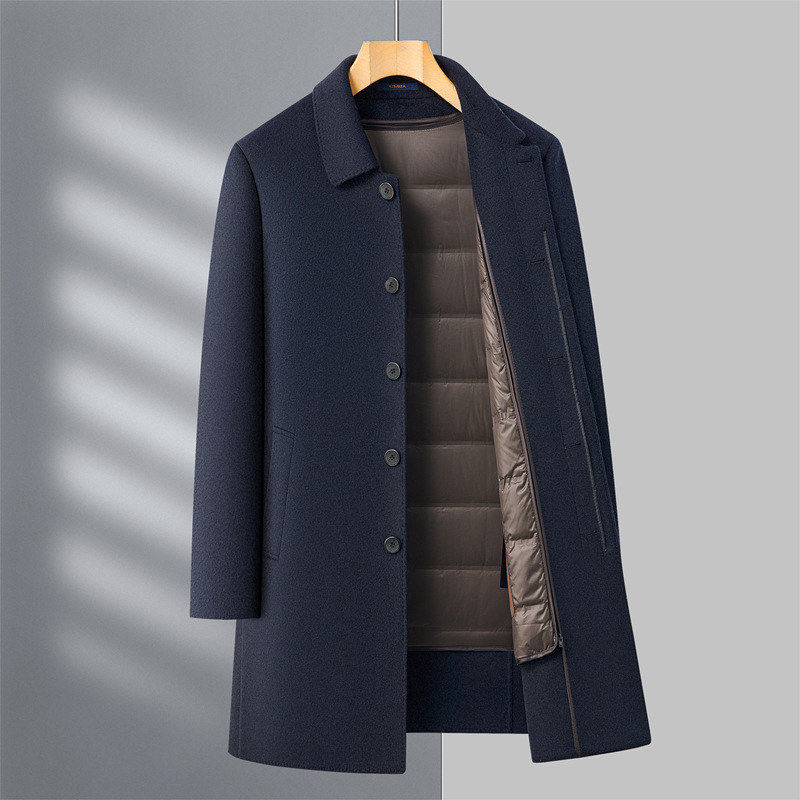 泽yp新款【长款】羊毛双面呢大衣男可拆卸羽绒内胆翻领爸爸装呢子