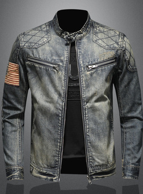 外贸 美国国旗牛仔夹克男春秋款个性立领拉链牛仔上衣jlack褂