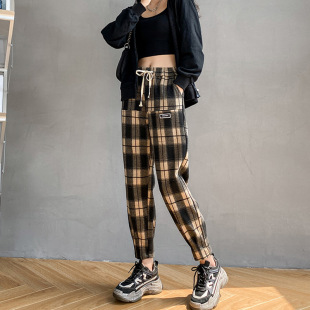 休闲九分哈伦裤 高腰韩版 女加绒加厚休闲百搭 子2025新款 黑白格子裤