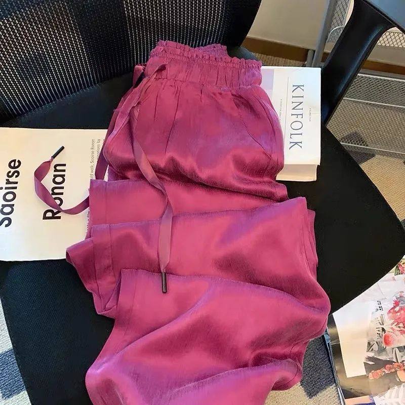 垂感直筒宽松长裤2025夏季感紫色冰丝缎面阔腿裤女薄款休闲裤