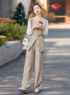 泽yp新款 时尚休闲套装2025春季条纹收腰马甲阔腿裤长裤两件套HE