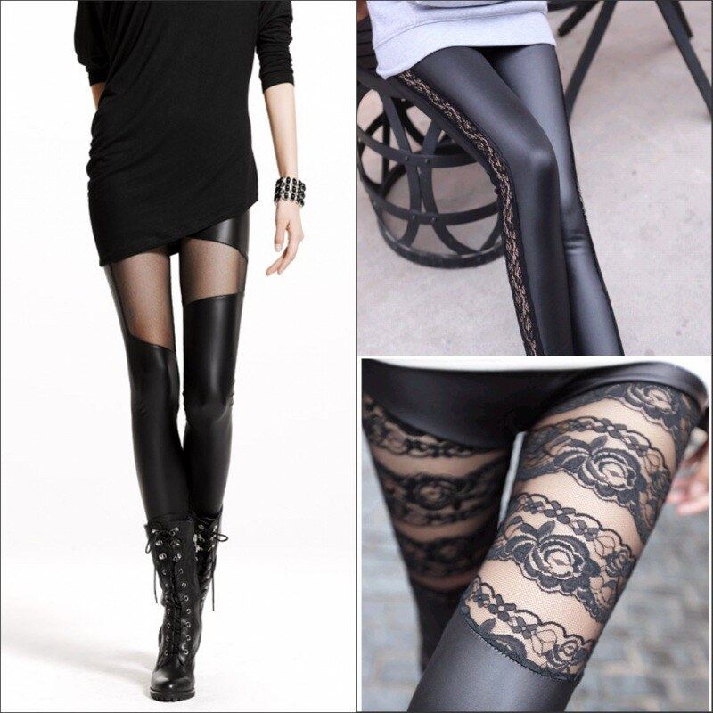 泽yp冬季加绒性感蕾丝透肉仿皮拼接网纱打底裤弹力外穿女裤子保暖