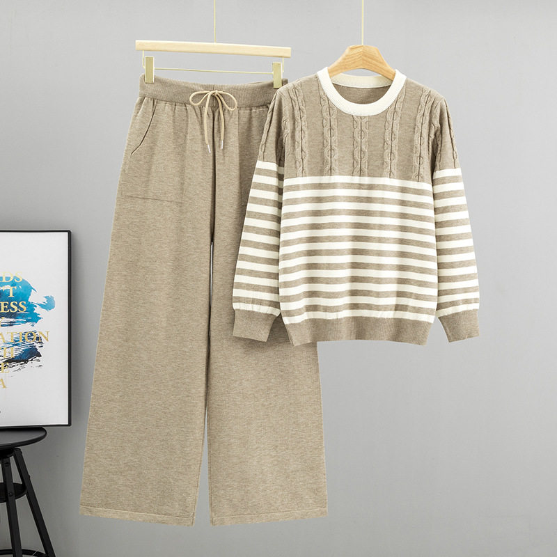 外贸气质条纹套头毛衣套装女秋冬新款时尚麻花宽松阔腿裤两件套潮