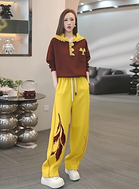 多巴胺穿搭休闲运动套装女春季显瘦卫衣黄色阔腿裤两件套