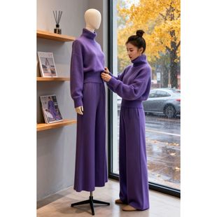 休闲套装女2025新款冬季韩系时尚风紫色高领毛衣阔腿裤两件套