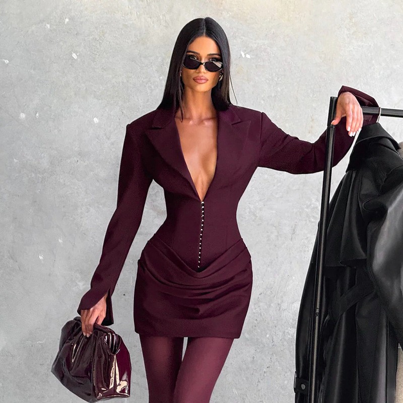 跨境欧美风女装秋冬新款气质纯色深翻领褶皱收腰西装连衣裙