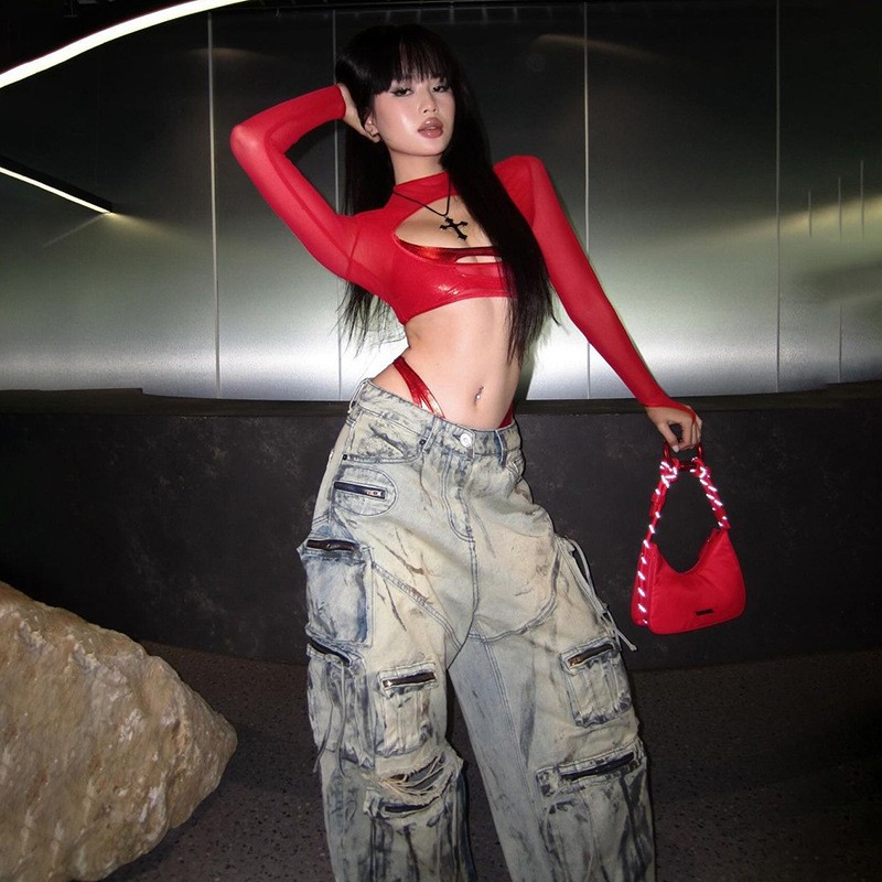 跨境欧美风夏季新款女装街头时尚性感镂空修身短款透视上衣