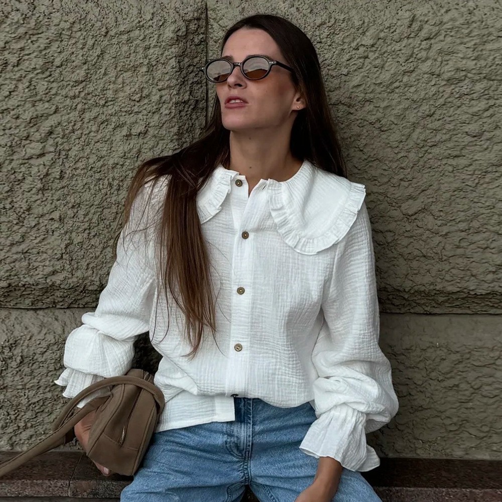 跨境纯棉娃娃领衬衫欧美夏季新款荷叶边灯笼袖白色长袖衬衫女