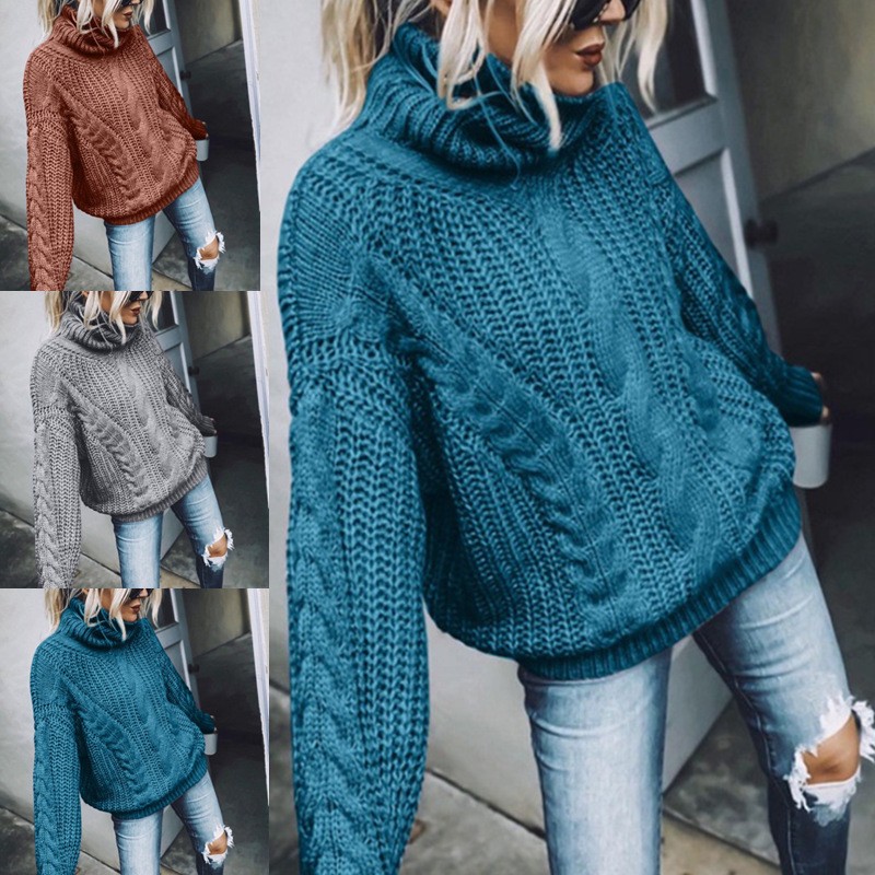 秋冬欧美毛衣女纯色高领针织上衣亚马逊跨境女装