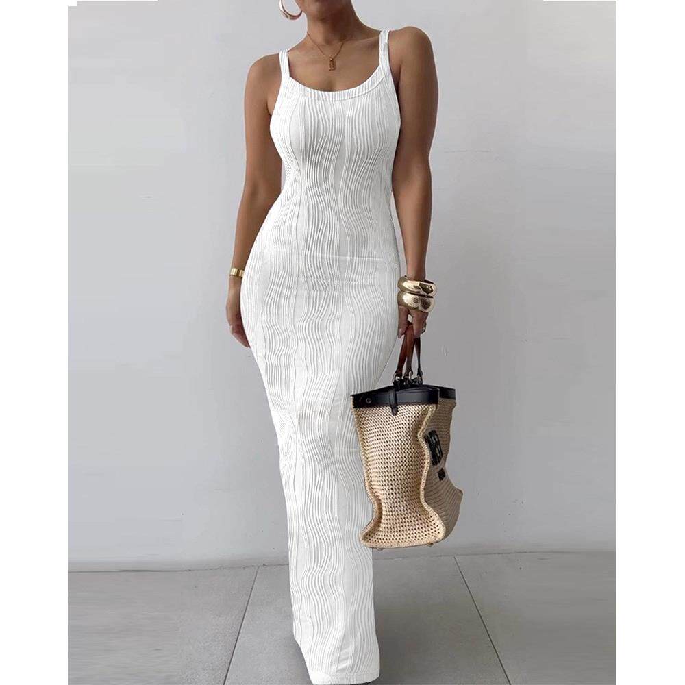 Women Striped U-Neck Maxi Skims Dress欧美水波纹理紧身长裙女