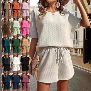 套装 短袖 女洋气蝙蝠衫 时尚 两件套 跨境欧美亚马逊女装 短裤 新款