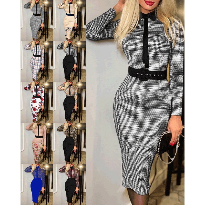 跨境亚马逊速卖通独立站爆款时尚女装印花连衣裙女 含腰带