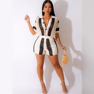 套装 亚马逊速卖通夏季 性感女士镂空透视翻领针织短裤 欧美女装 热卖