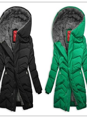 欧美秋冬棉衣女速卖通亚马逊连帽保暖加绒棉服中长款外套黑色棉袄