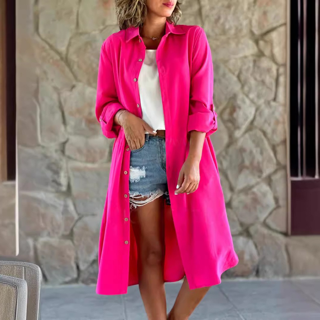 亚马逊跨境热卖新款女士纯色宽松休闲挽袖口袋长款衬衣裙