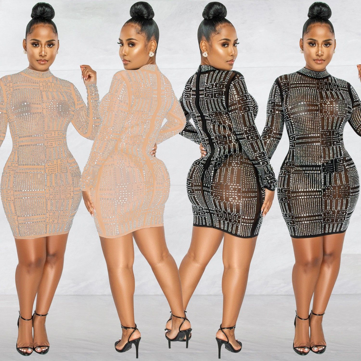 跨境夏季新品欧美女装时尚性感网纱透视长袖夜店烫钻连衣裙