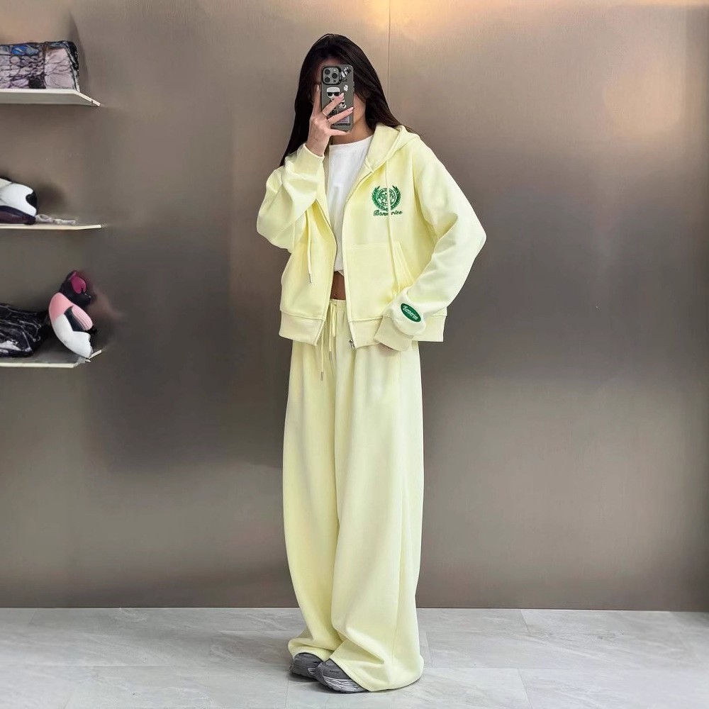 春夏运动套装女新款连帽套头刺绣设计卫衣休闲服两件套外穿