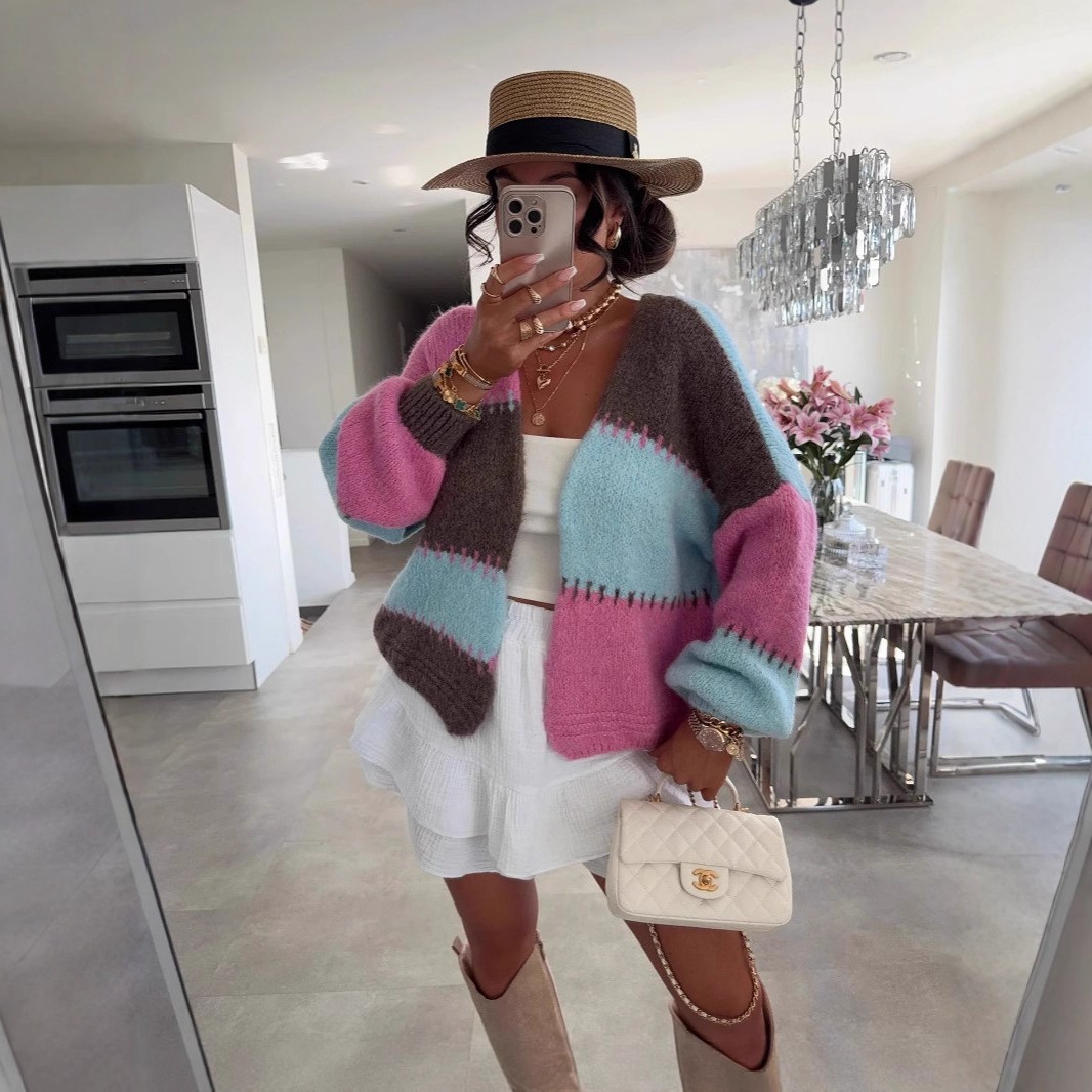 跨境亚马逊秋冬新款粗针彩虹色撞色开衫宽松领个性可爱毛衣外套