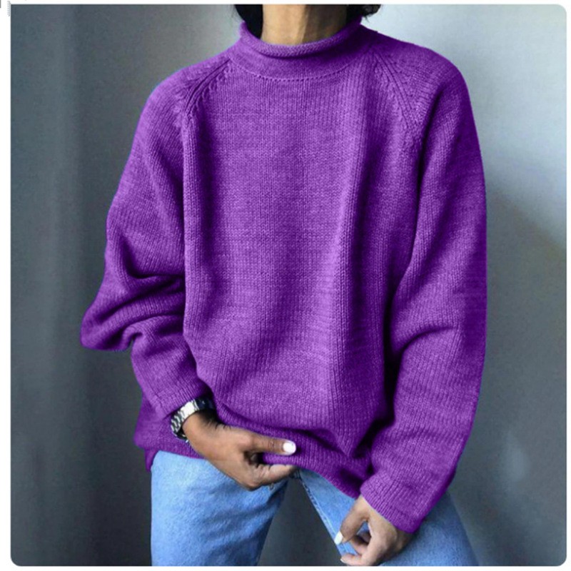 春季新品跨境欧美风纯色套头上衣宽松休闲针织衫女毛衣