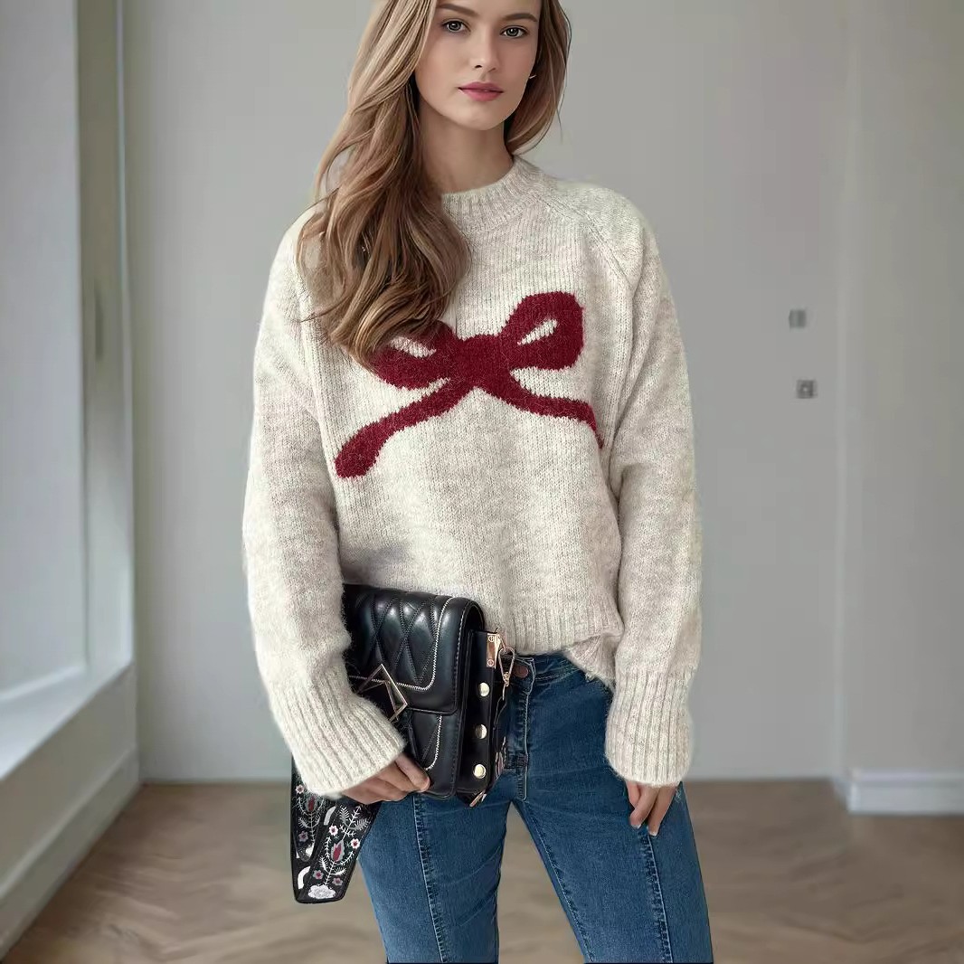 跨境亚马逊圆领蝴蝶结毛衣女秋冬新款热卖慵懒风外穿针织衫上衣女