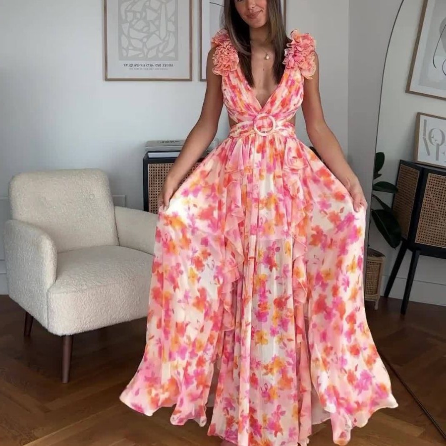 秋季欧美跨境外贸新款时尚休闲居家性感印花系带收腰褶皱连衣裙女