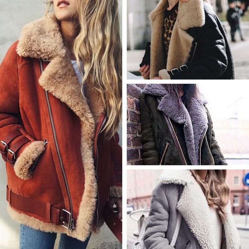 跨境亚马逊机车鹿皮绒羊羔毛外套女翻领皮毛棉衣大衣