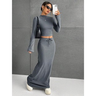 两件套 时尚 现货欧美外贸女装 跨境亚马逊热销针织纯色半身裙长袖