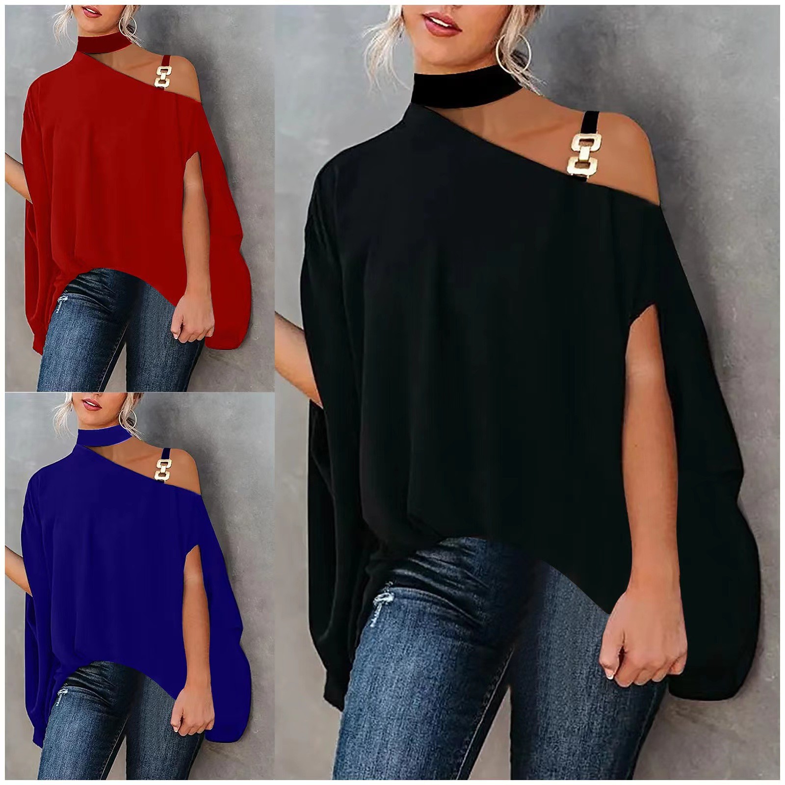 欧美跨境平台热销 春夏高领露肩斜挎肩斗篷短袖宽松蝙蝠衫上衣恤