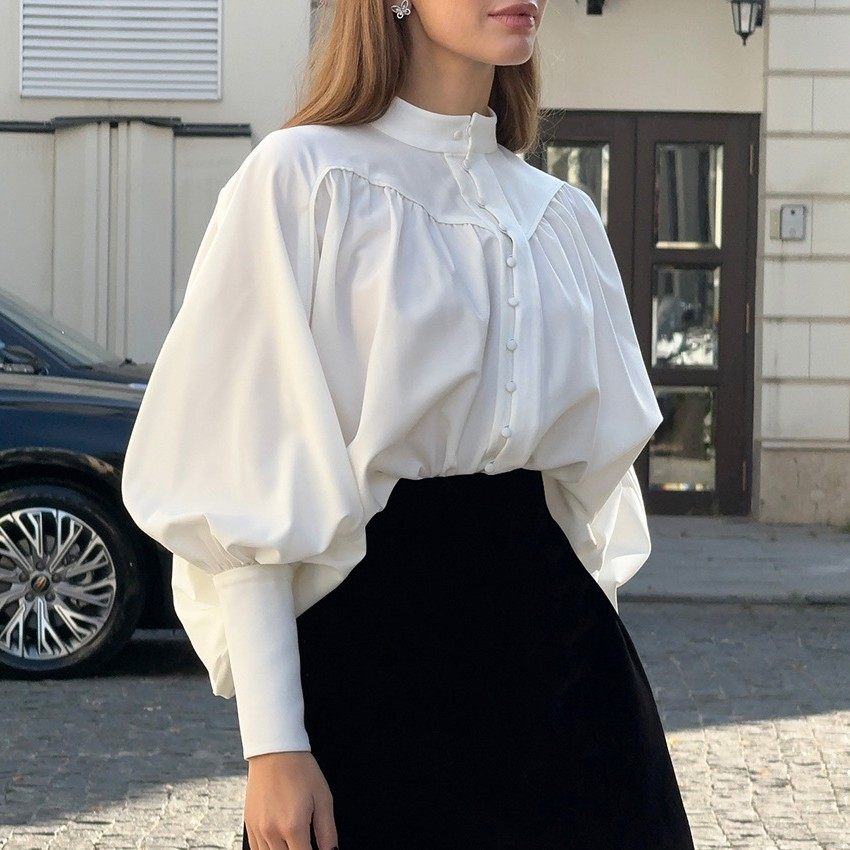 春夏白色休闲泡泡袖衬衫气质感欧美复古宽松小立领通勤风衬衣,个性定制/设计服务/DIY,连衣裙加工定制,淘宝优惠券,粉丝福利购,淘宝优惠卷