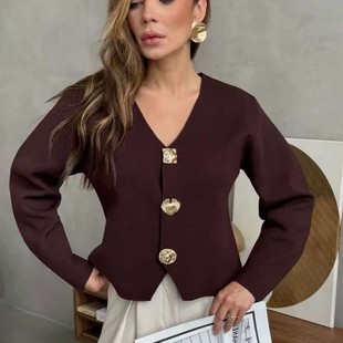 修身 亚马逊跨境高级感短款 新款 女秋季 显瘦金属扣毛衣 针织开衫