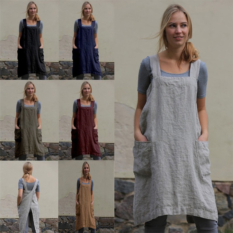 跨境货源女装棉麻围裙长围家居服宽松长款连衣裙