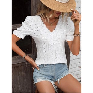 春夏欧美跨境外贸亚马逊速卖通纯色短袖 花边拼接提花休闲恤