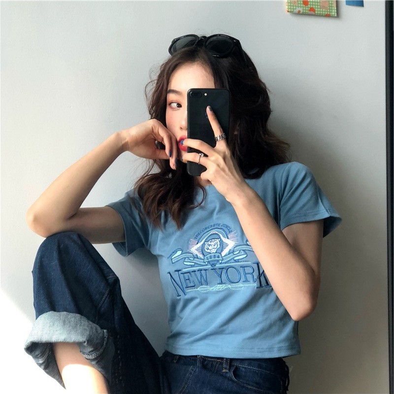 外贸女装夏季新款韩版短款刺绣短袖恤女学生修身上衣潮