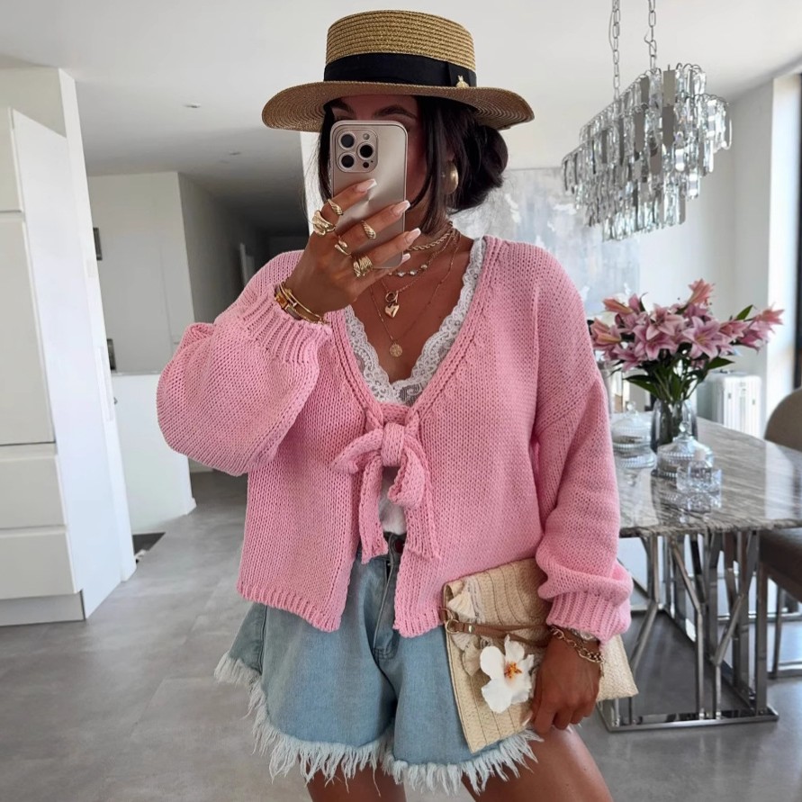 亚马逊秋冬新款个性短款粗针蝴蝶结绑带正反两穿开衫外套毛衣