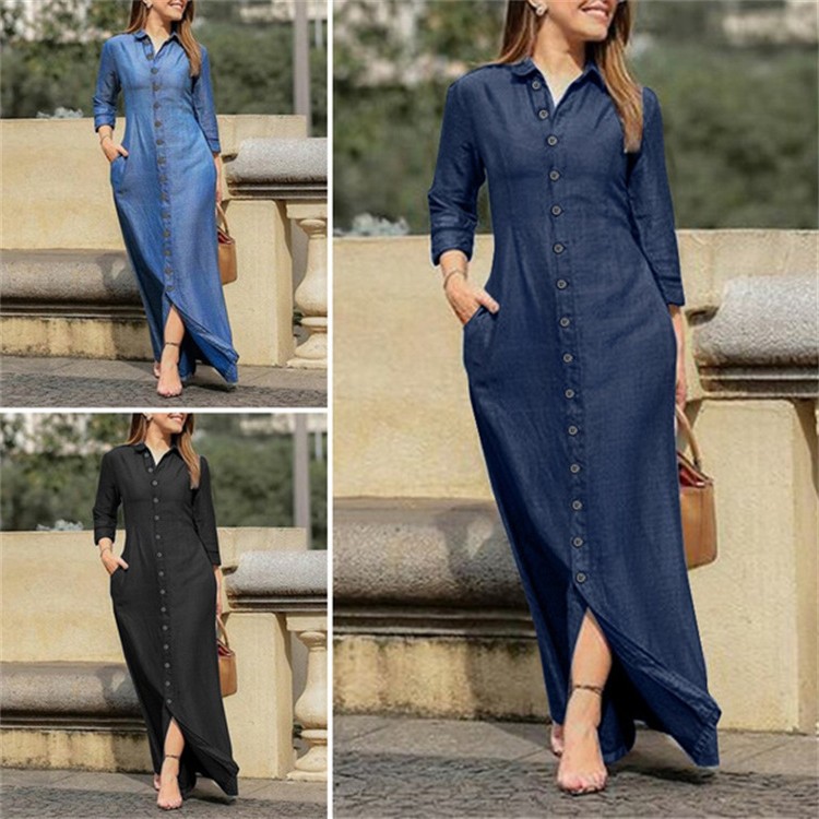 欧美跨境新款长裙 衬衫领口袋大摆裙大码休闲牛仔连衣裙