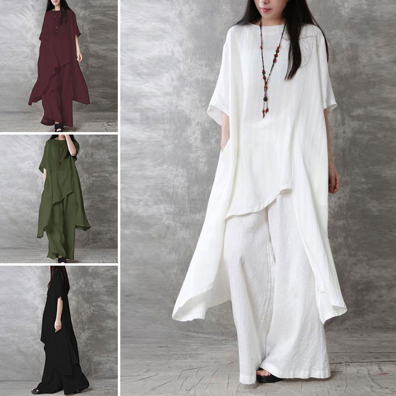 大码现货韩版女装棉麻件套休闲装运动服套装短袖领上衣长裤