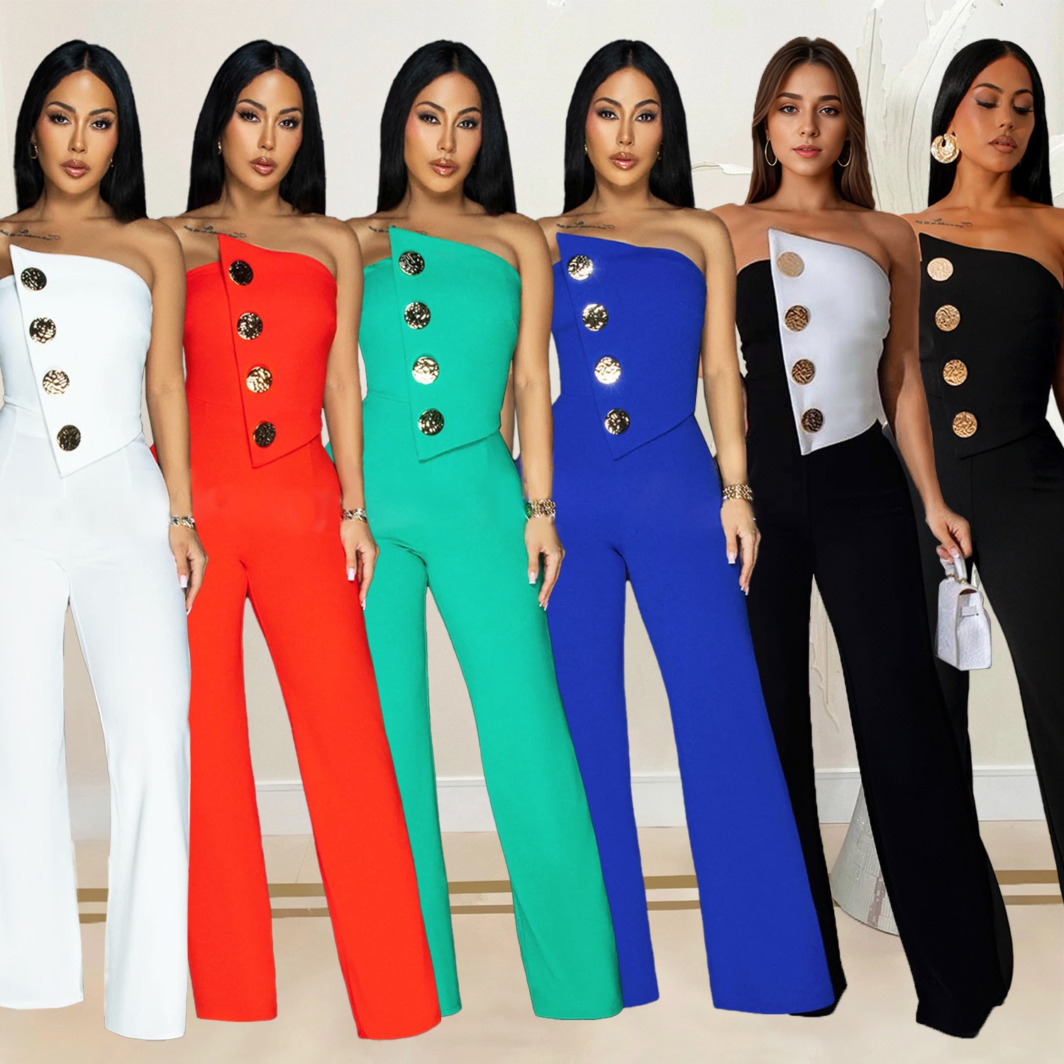 跨境速卖通亚马逊独立站欧美时尚女装无袖纽扣连体裤长裤新