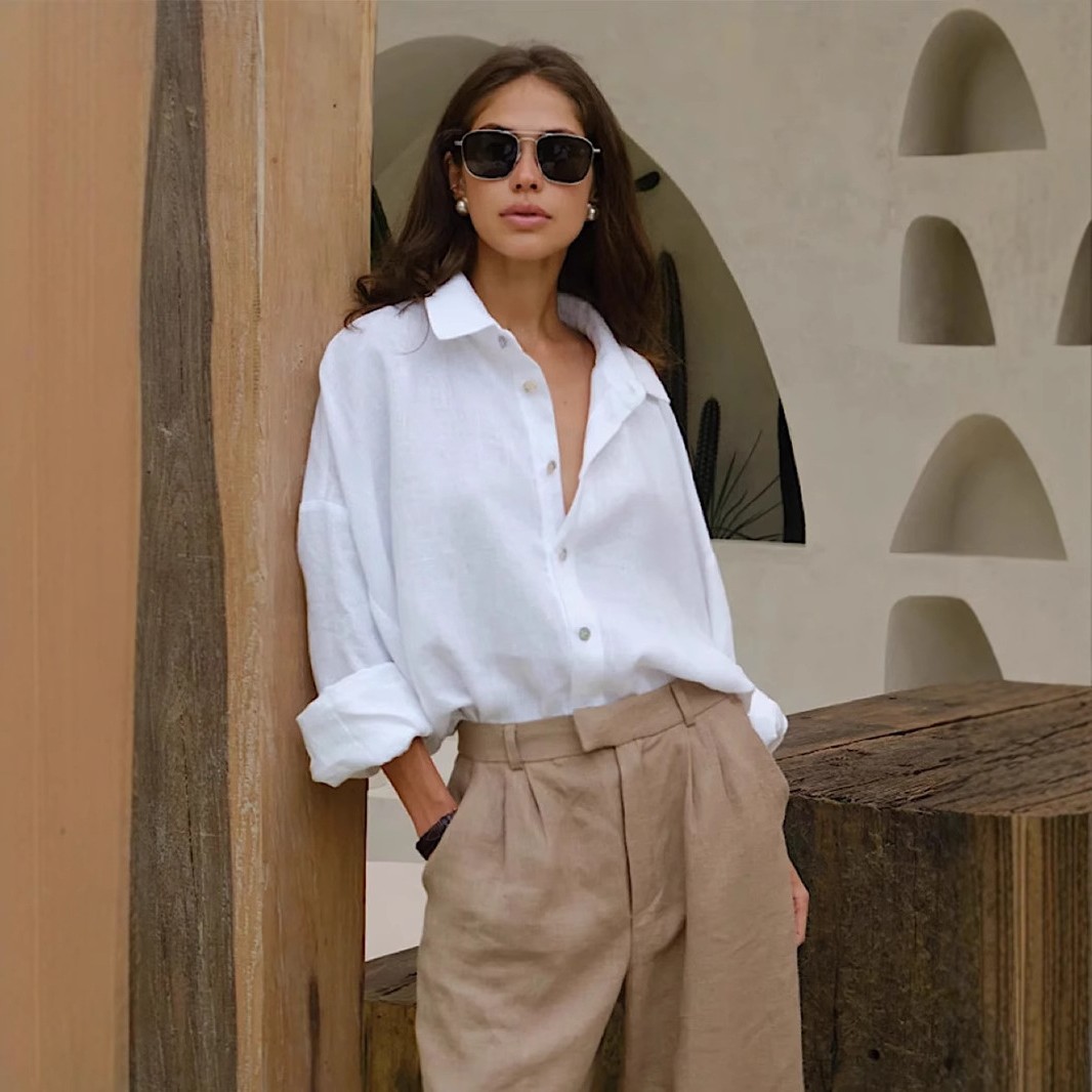 跨境休闲衬衣欧美春夏时尚百搭慵懒时尚休闲纯色简约宽松衬衣