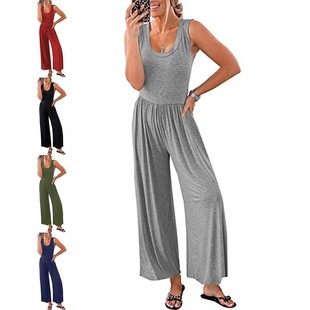 连体裤 亚马逊夏季 纯色无袖 独立站欧美跨境外贸女装 新款