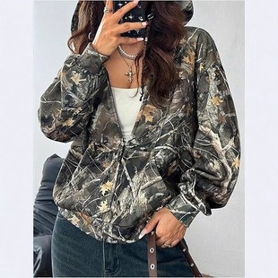 秋冬跨境欧美亚马逊新款 休闲拉链迷彩印花连帽上衣外套女 时尚