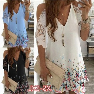 新款 印花亚马逊领女装 欧美女装 数码 连衣裙 花边拼接 夏季