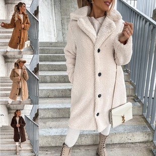 翻领女毛绒上衣 毛毛长袖 长外套 爆款 亚马逊秋冬欧美跨境女装