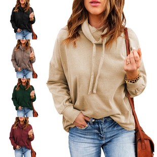 亚马逊秋冬新款 高领抽绳卫衣 独立站欧美跨境外贸女装