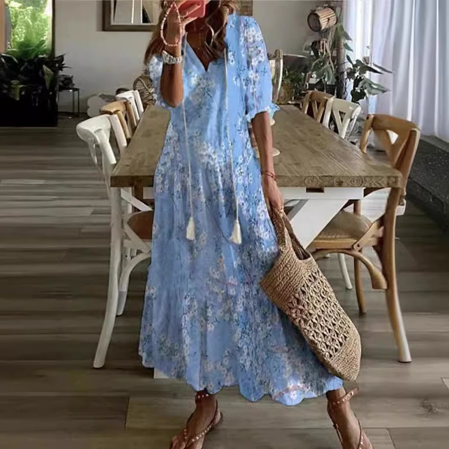 欧美跨境热卖 休闲甜美宽松领印花吊须中袖长款连衣裙女现货